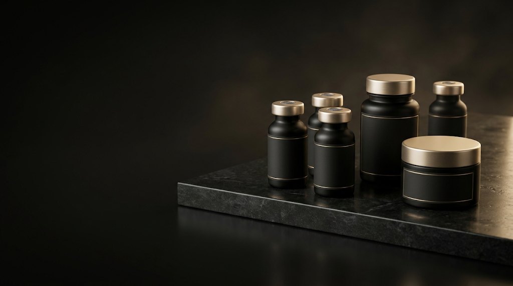 RULE Longevity vials, bottle and cream jar on black granite